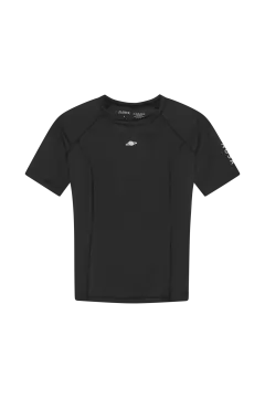 a black t - shirt with a white logo on the front