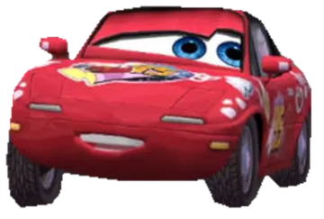 a red car with blue eyes and a white background