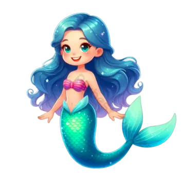 a mermaid with long blue hair and green eyes