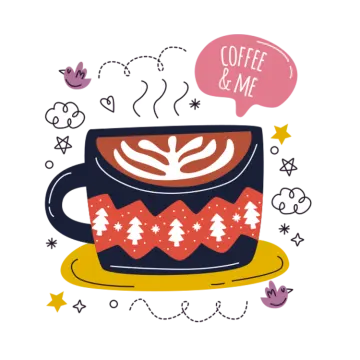 a cup of coffee with a speech bubble above it