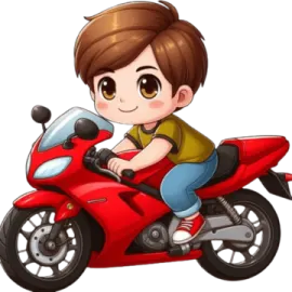 a boy riding on a red motorcycle