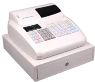 a white cash machine sitting on top of a counter