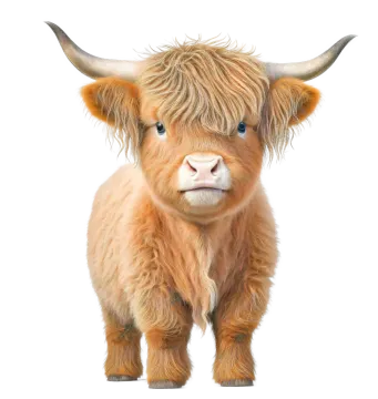 a brown cow with long hair standing on a white background