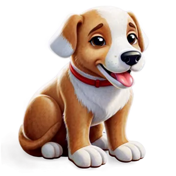 a brown and white puppy sitting down with its tongue out