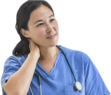 a woman in scrubs with her hand on her chin