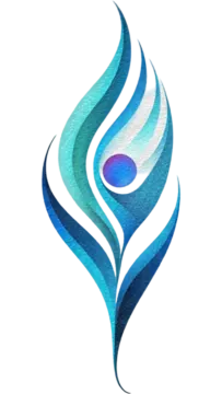 a blue and white logo with a stylized design in the center
