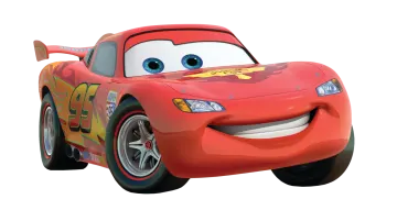 a cartoon character in a red car