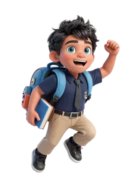 a young boy in school uniform with backpack and book