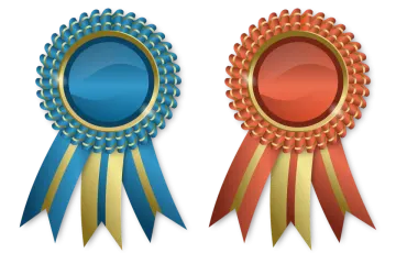 three medals with ribbons on them