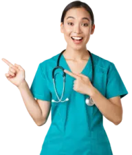 a woman in scrubs pointing at the camera
