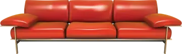 a red leather couch with wooden legs