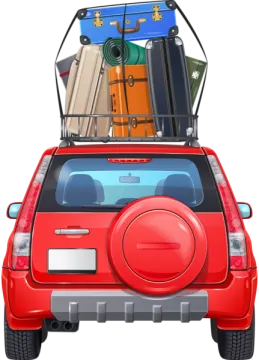 a red car with luggage on top