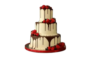 a three tier cake with chocolate and strawberries on top