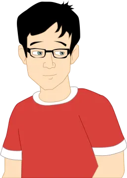 a man with glasses and a red shirt