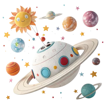 an illustration of a space ship with planets and stars