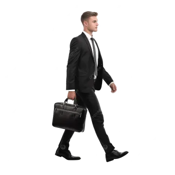 a man in a suit and tie walking with a briefcase