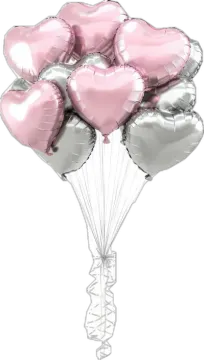 a bunch of pink and silver heart balloons