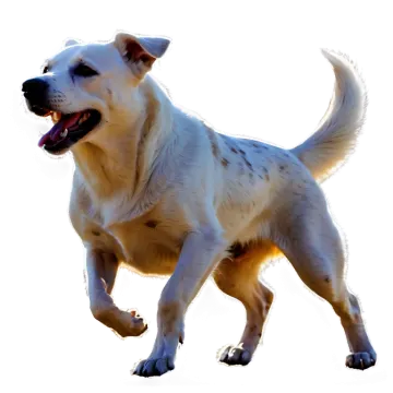 a white dog running with its tongue out