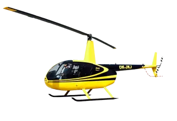 a yellow and black helicopter flying in the sky
