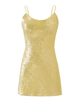 a woman wearing a gold sei dress
