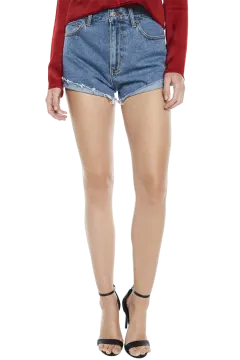 a woman wearing a red sweater and denim shorts