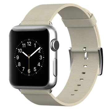 an apple watch with a beige leather band