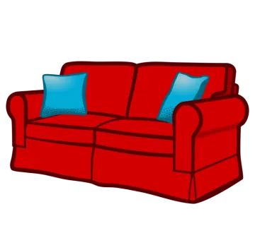 a red couch with blue pillows