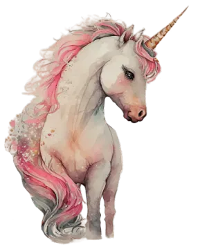 a watercolor painting of a unicorn with pink hair