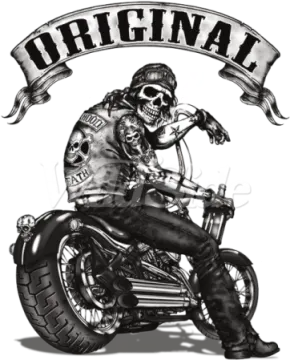 a black and white drawing of a biker on his motorcycle