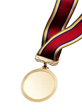 a gold medal with a red, white and blue ribbon