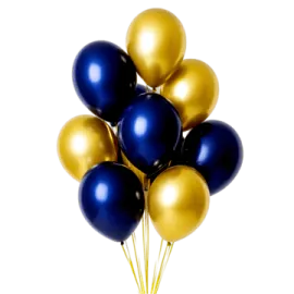 a bunch of blue and gold balloons