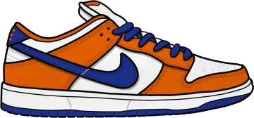 an orange and white shoe with blue accents