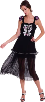 a woman in a black dress with flowers on it