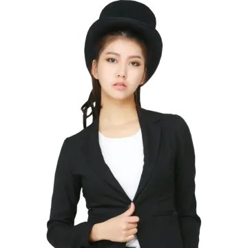 a woman wearing a black suit and hat