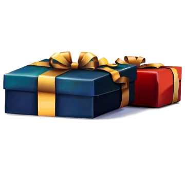 two blue and red gift boxes with gold ribbons