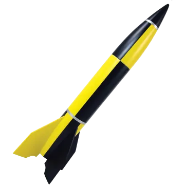 a yellow and black rocket on a white background