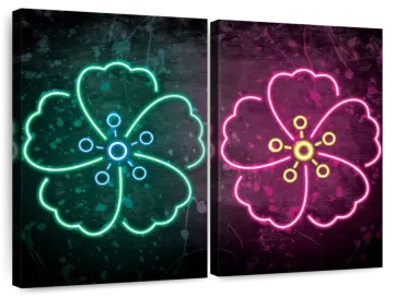 two neon flowers on a black background