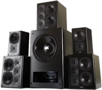 a bunch of speakers sitting next to each other speakers