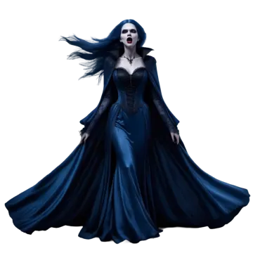 a woman in a blue dress with long black hair