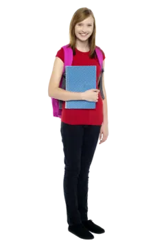 a young girl in a red shirt holding a blue notebook