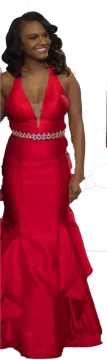a woman in a red dress is posing for the camera