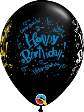 a black balloon with the words happy birthday on it