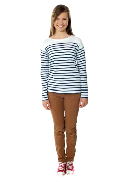 a little girl wearing a striped shirt and brown pants