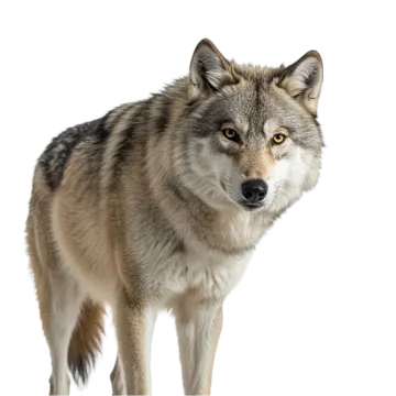 a gray wolf standing in front of a white background
