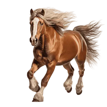 a brown and white horse running on a white background