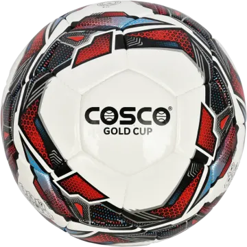a soccer ball with red and blue designs on it