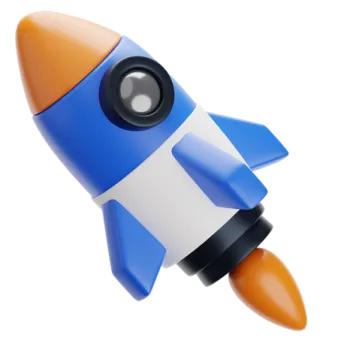 a blue and orange rocket with a white background