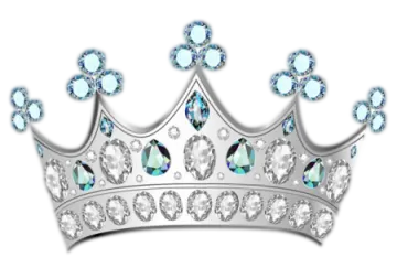 a silver crown with blue and white crystals
