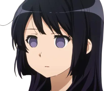 an anime girl with long black hair and purple eyes