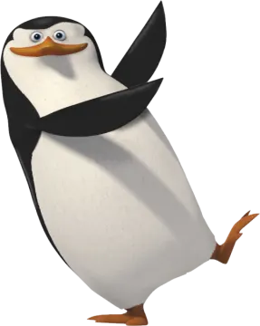 a cartoon penguin in a black and white outfit